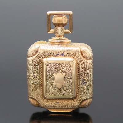 27124539c - Square 14k pink gold pendant/pocket watch, Switzerland around 1880, floral engraved 3 ...