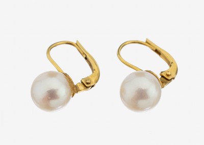27124553b - Paar 14 kt Gold Perl-Ohrhänger, GG 585/000,2 Akoyazuchtperlen, D. ca. 7.6 mm, ca. 2.2 g