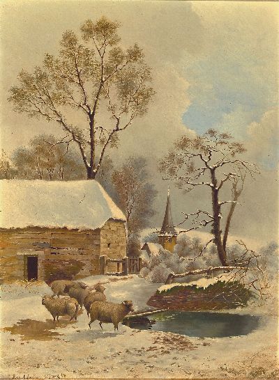 Image Rich. Adamson, dated 1867, winter landscape with sheep, oil/wood, signed and dated, ...