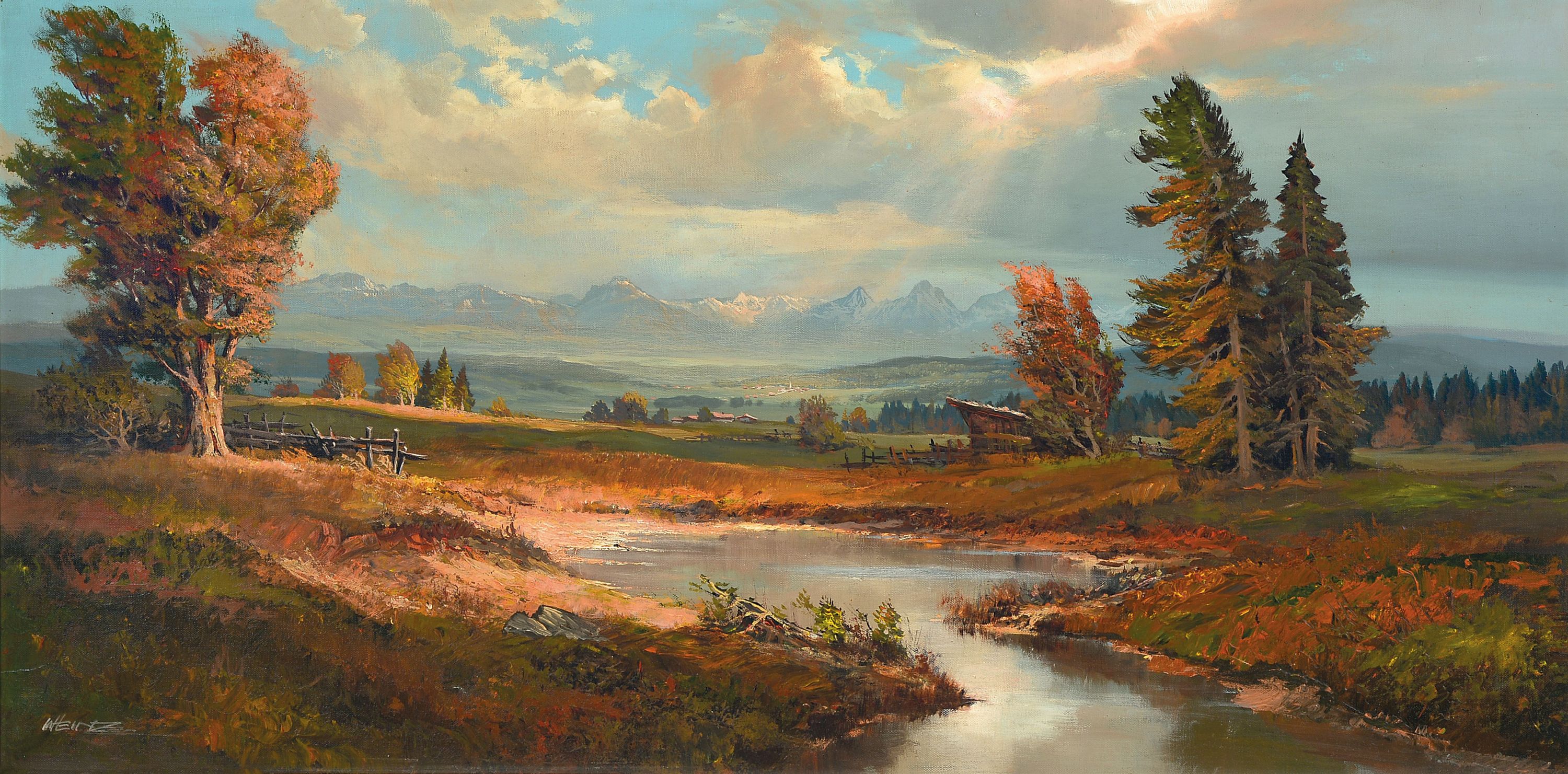 Image 27124694 - Wolfgang Heinz, 1930 Schopfheim-2014 Lörrach, Herbstliche Landschaft mit den Alpen im ...