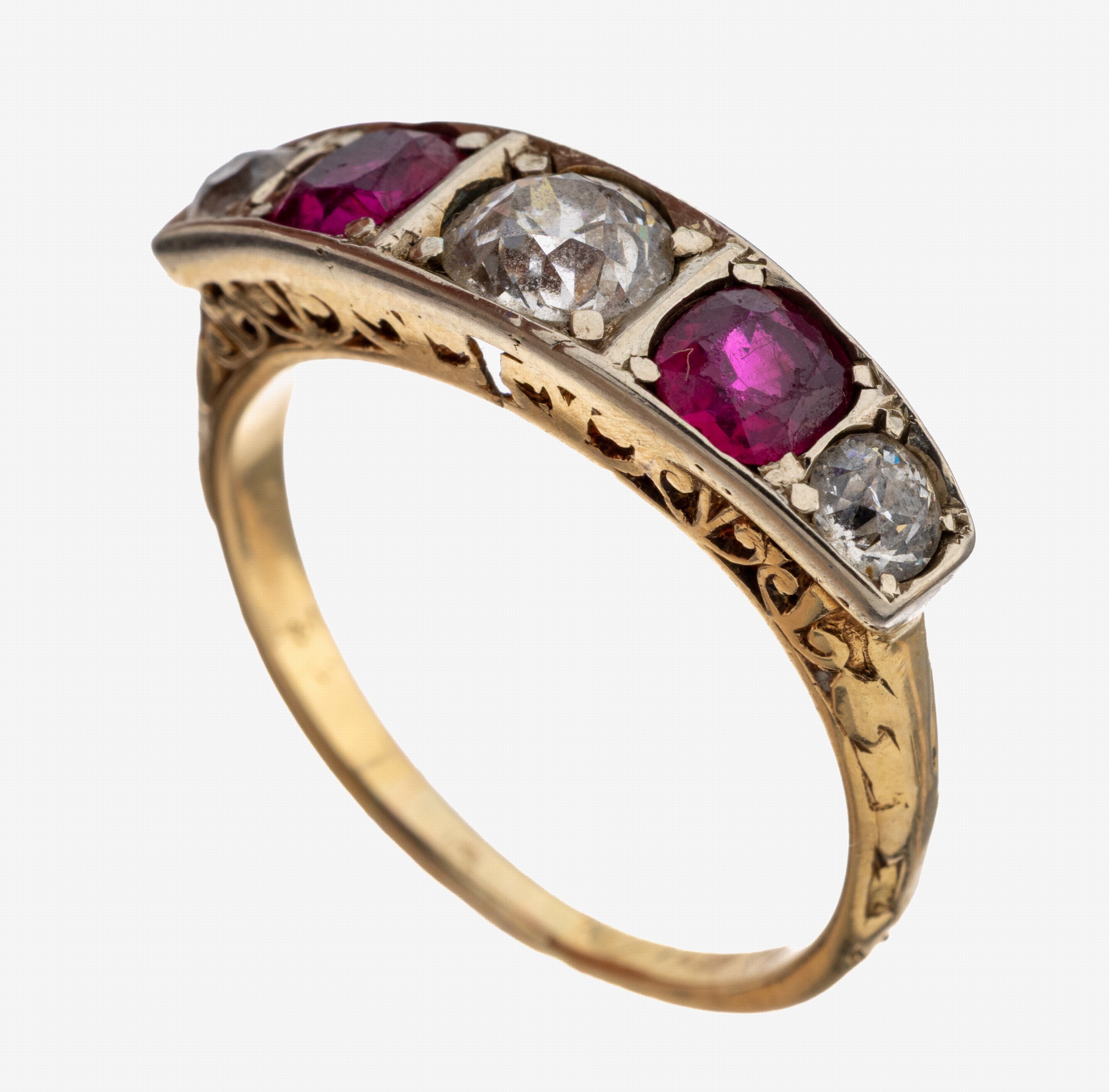 Image 27124990 - 18 kt Gold Rubin-Diamant-Ring, um 1900, GG 750/000 und Platin, 2 rundfacett. Rubine ...