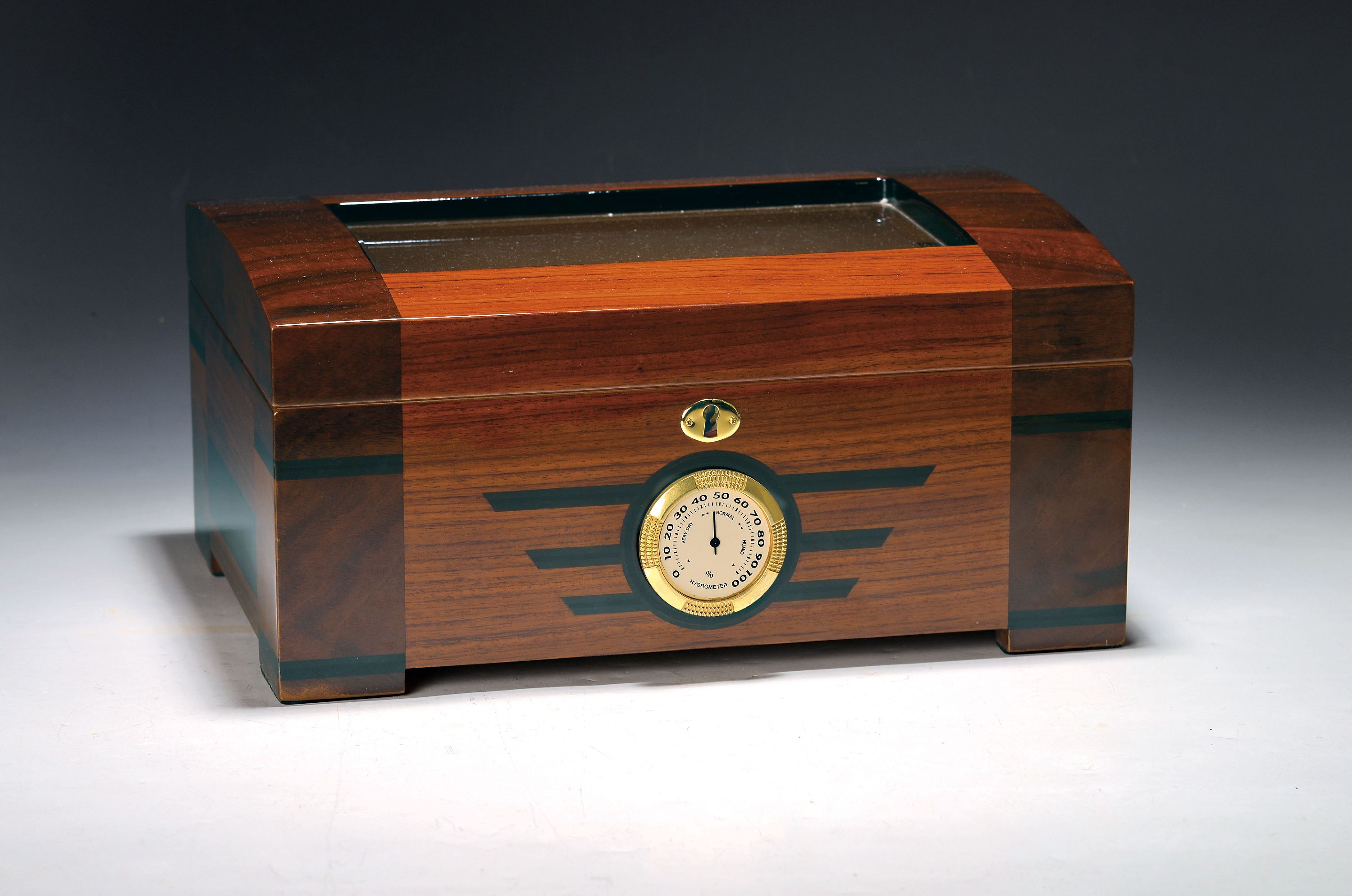 Image 27124992 - Humidor, wohl Adorini mit Hygrometer, gewölbter Deckel mit facettiertem Glaseinsatz, ...