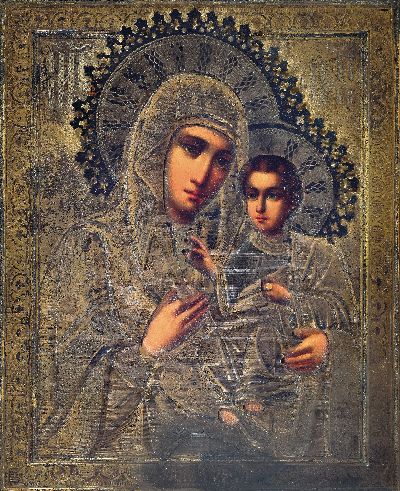 Image Marian icon Hodegetria, Russia/Ukraine, early 20th century, tempera on wood, Silver ...