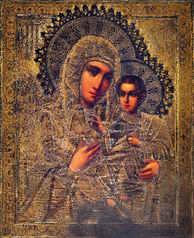 27125245k - Marienikone Hodegetria, Russland/Ukraine, Anfang 20.Jh., Tempera auf Holz, Silberoklad ...