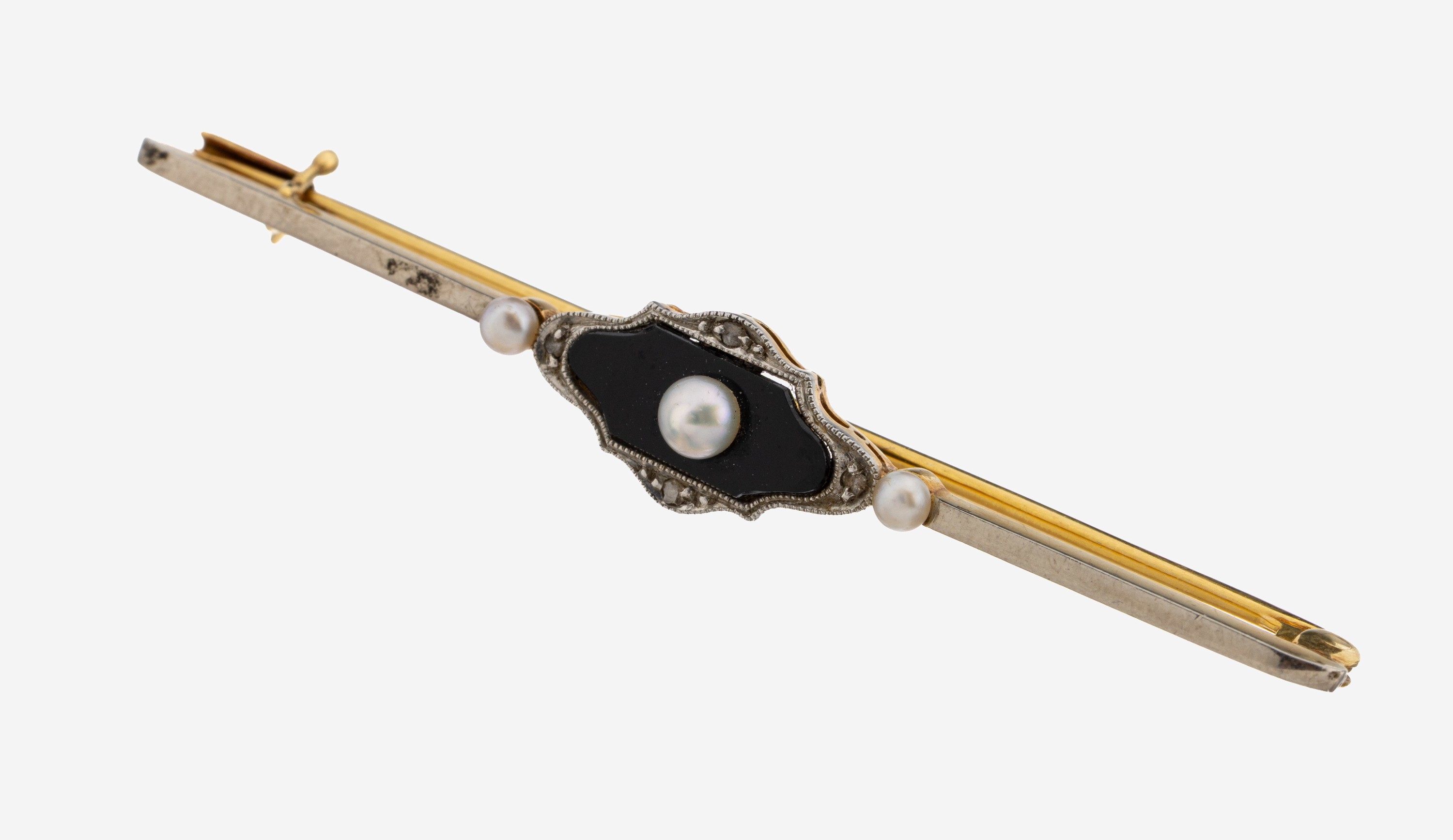 Image 27125349 - 18 kt Gold Art Deco Onyx-Perl-Diamant-Brosche,um 1930, GG/WG 750/000 gepr., mittig ...