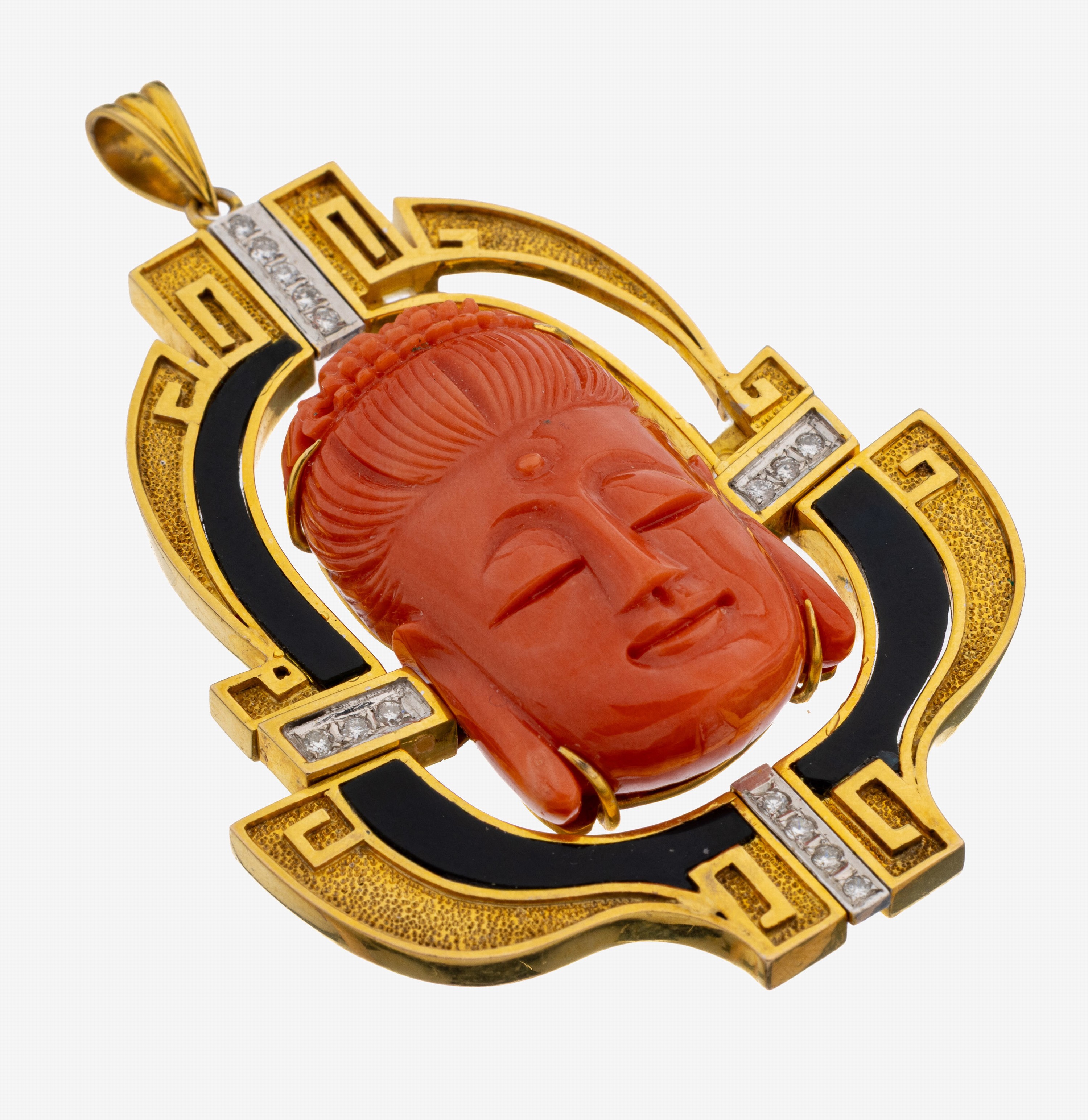 Image 27125412 - 14 kt gold coral-brilliant-onyx-pendant , YG/WG 585/000, part. struct., geometric ...