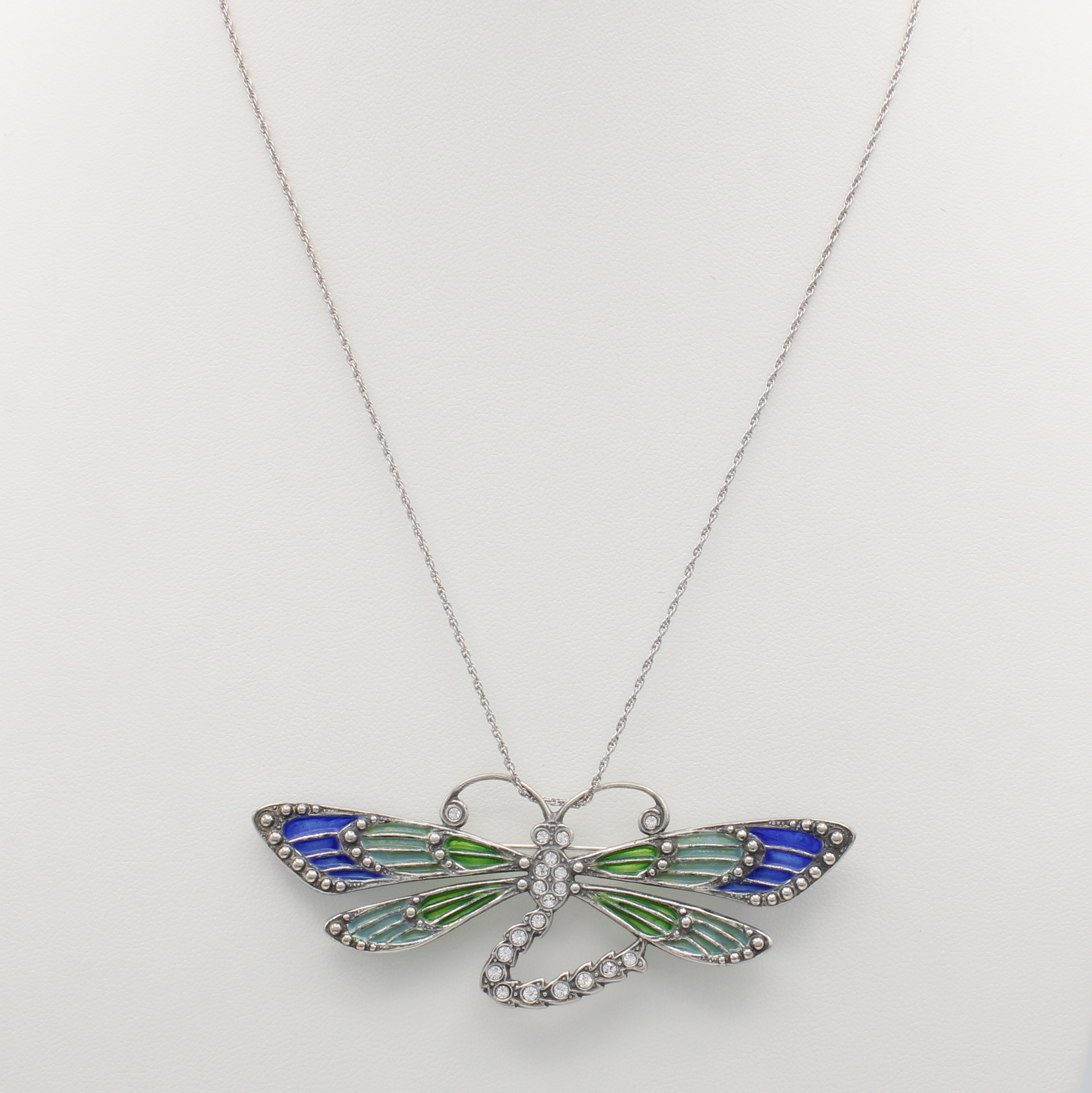 Image 27125435 - Anhänger/Brosche ´Libelle´ mit Fensteremaille an Kette, 925er Silber, Kristallsteine, ...