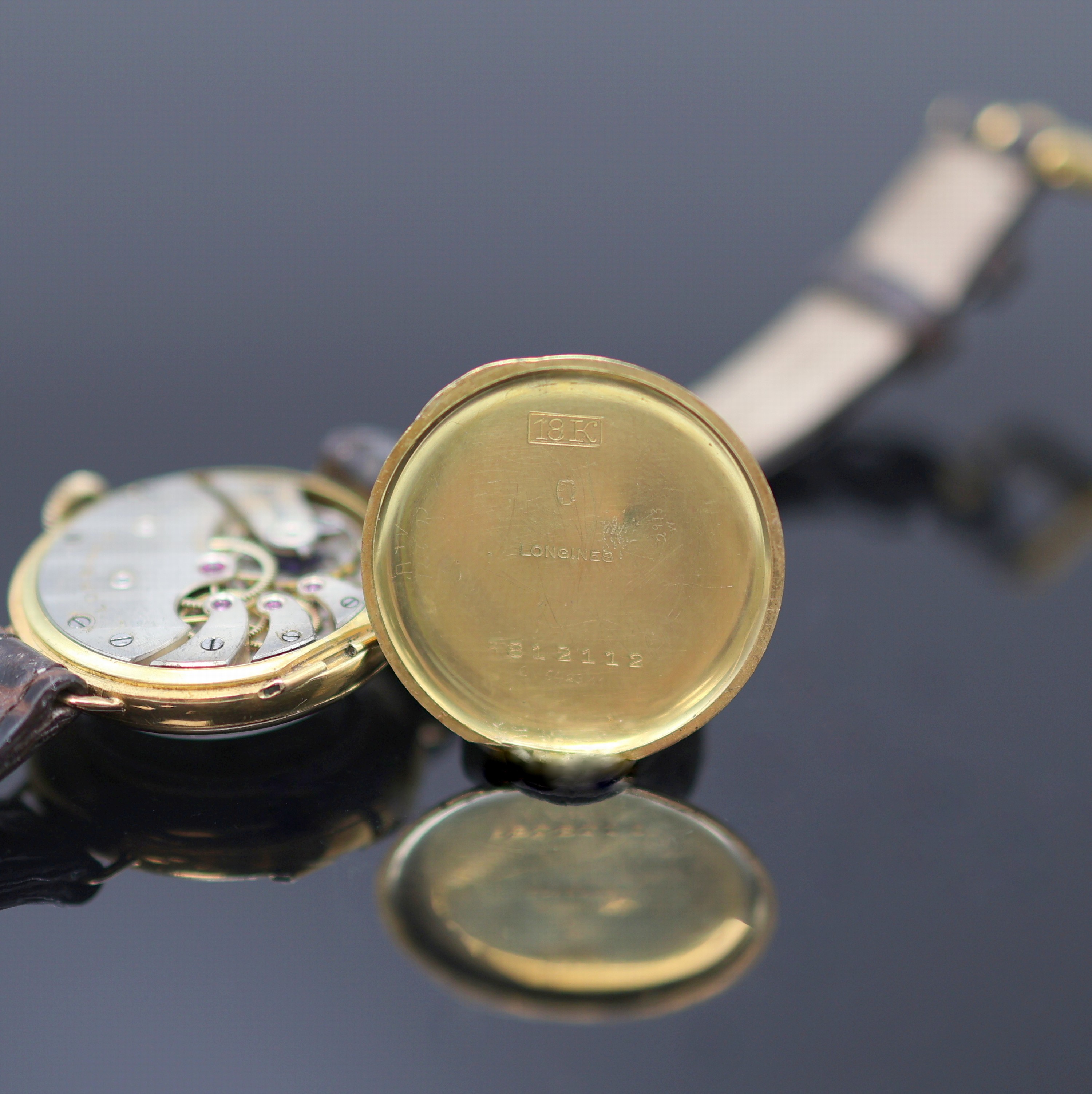 Detail f: LONGINES frühe Damenarmbanduhr in GG 750/000, Schweiz um 1920, Handaufzug, dell. Scharnierboden (defekt/zu rep.), Emailzifferbl. riss., ...