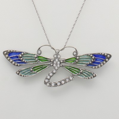 27125435a - Anhänger/Brosche ´Libelle´ mit Fensteremaille an Kette, 925er Silber, Kristallsteine, ...