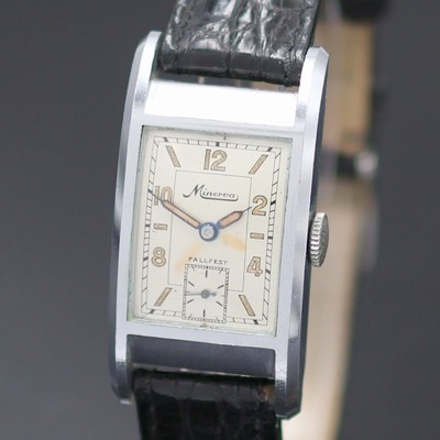 27125450a - MINERVA rechteckige verchromte Armbanduhr, Schweiz 1940er Jahre, Handaufzug, Boden ...