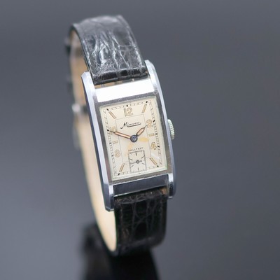27125450b - MINERVA rechteckige verchromte Armbanduhr, Schweiz 1940er Jahre, Handaufzug, Boden ...