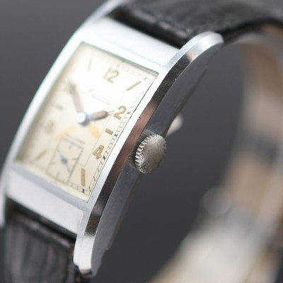 27125450c - MINERVA rechteckige verchromte Armbanduhr, Schweiz 1940er Jahre, Handaufzug, Boden ...