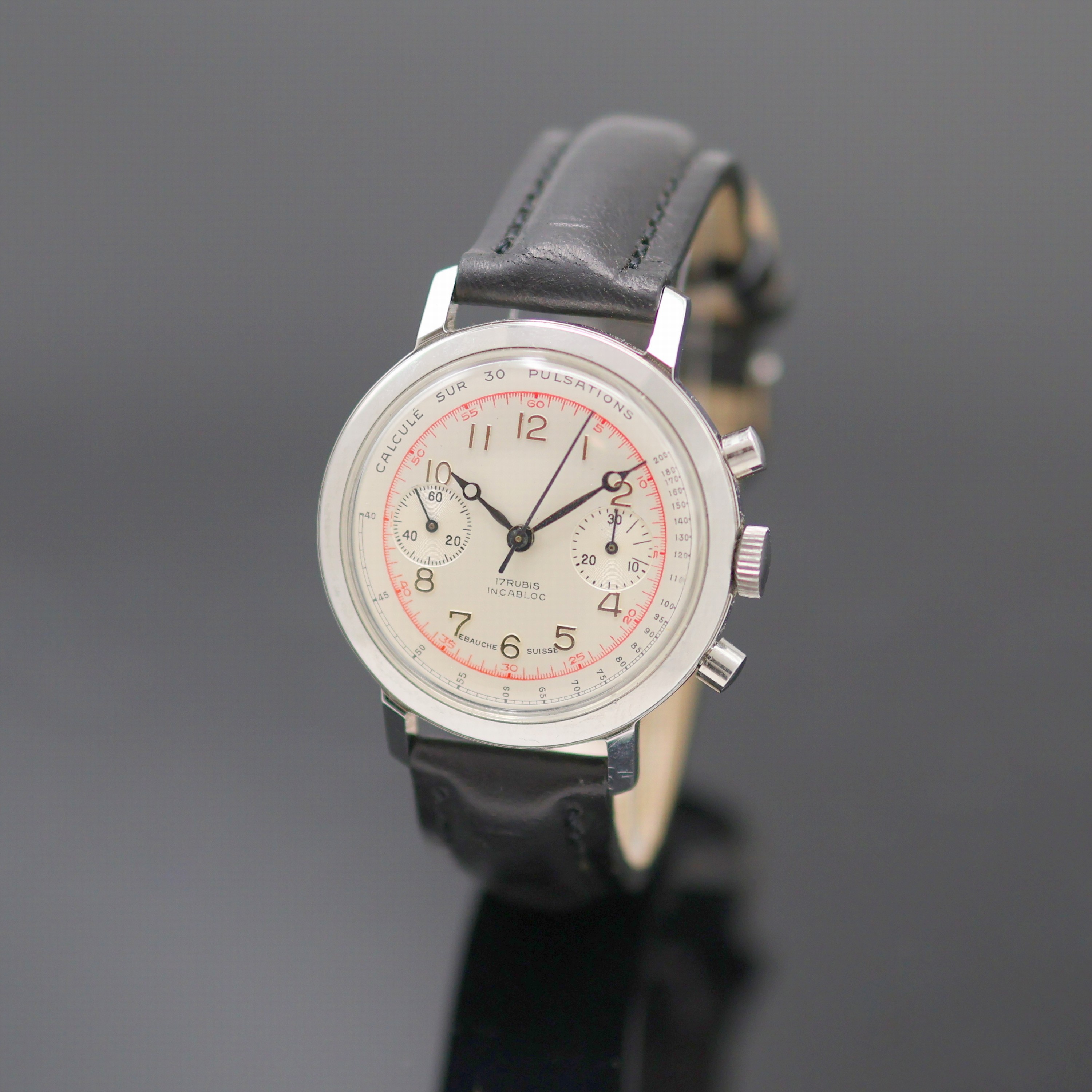 Image 27125670 - Armbandchronograph, Handaufzug, Schweiz um 1954, verchr. Gehäuse, Edelstahlboden ...