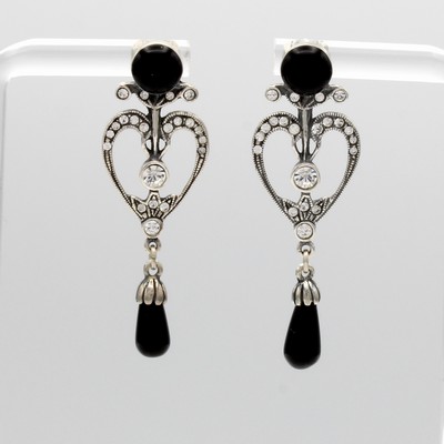 Image Paar Ohrstecker mit Onyxen, 925er Silber. 2 Onyxpampeln, Kristallsteine, ornamenreiches ...