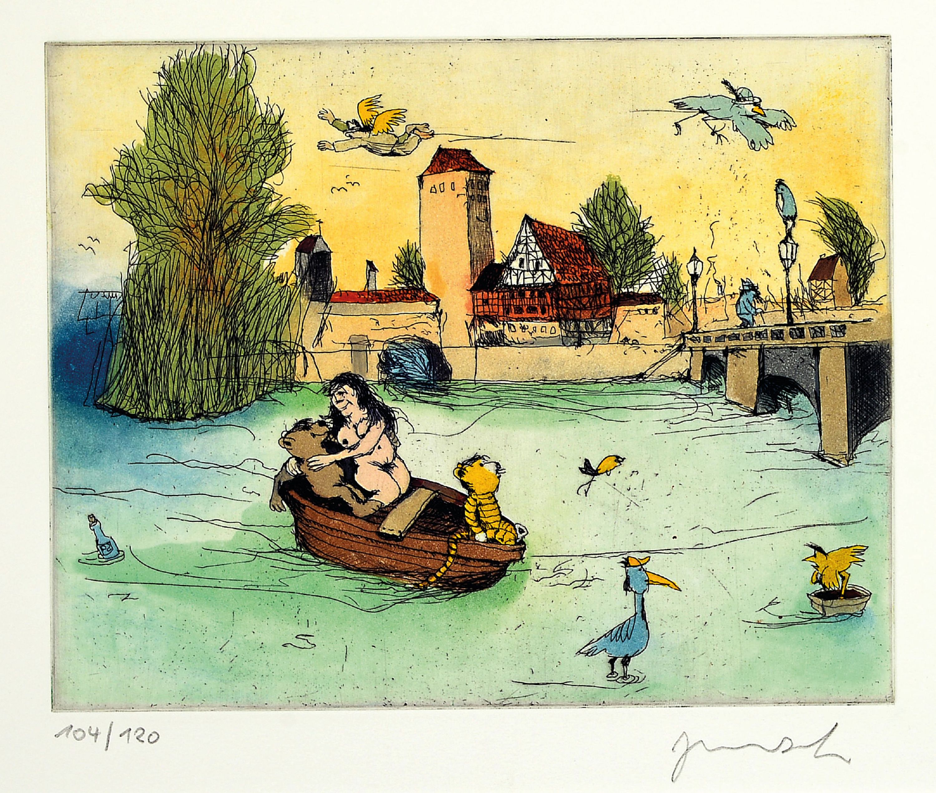Image 27126040 - Janosch/ Horst Eckert, geb. 1931 Zabrze, Farbradierung, Frauenakt mit Bär und Tiger in ...