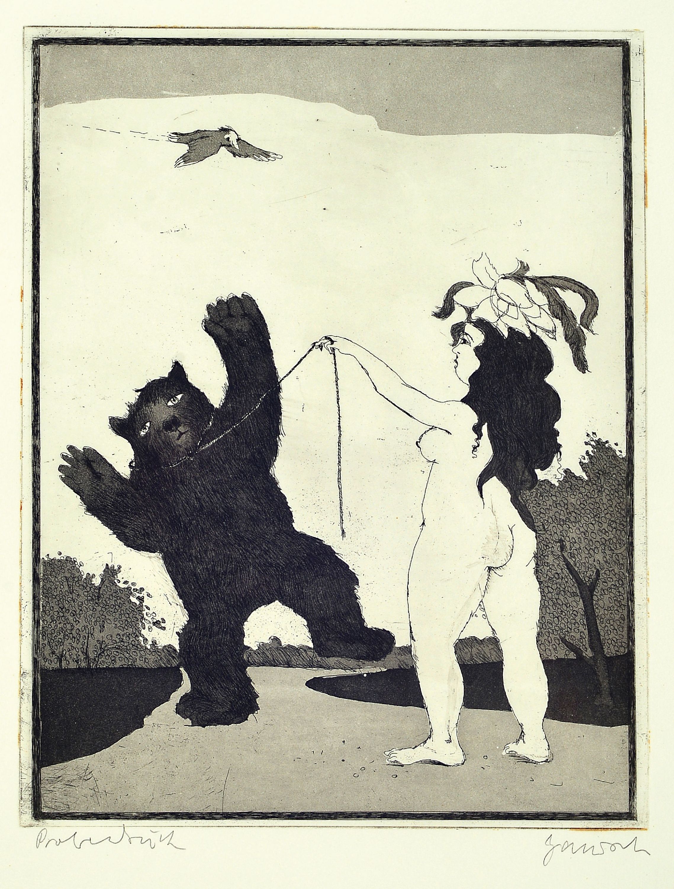 Janosch, Horst Eckert, geb. 1931, Radierung, Frauenakt mit tanzendem Bär an der Kette, Probedruck, handsigniert, Abbildung ca. 29.5 x 23 cm, unter ...