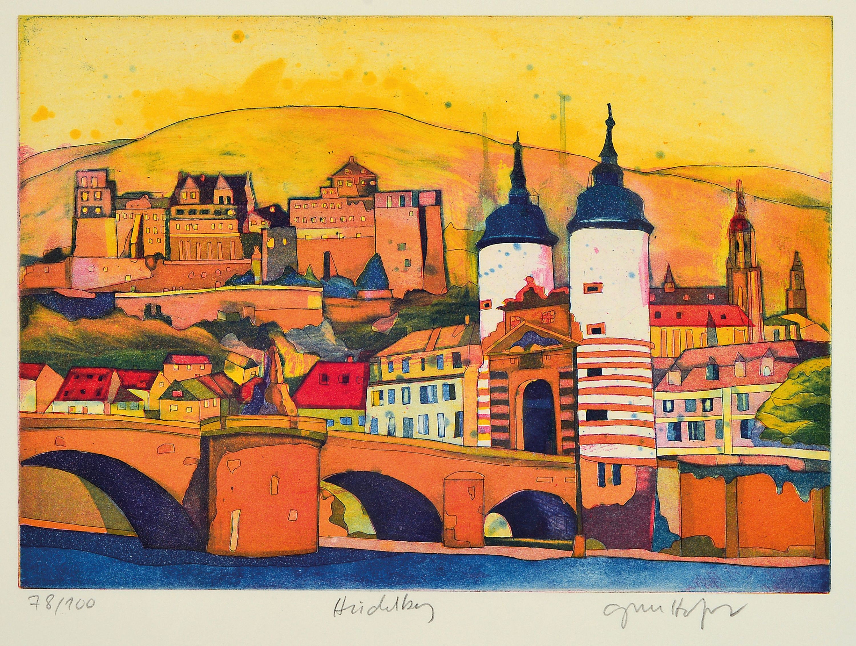Image 27126048 - Gerhard Hofmann, geb. 1960 Worms, ´Heidelberg´, Farbradierung mit Blick auf Altstadt mit ...