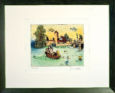 27126040k - Janosch/ Horst Eckert, geb. 1931 Zabrze, Farbradierung, Frauenakt mit Bär und Tiger in ...