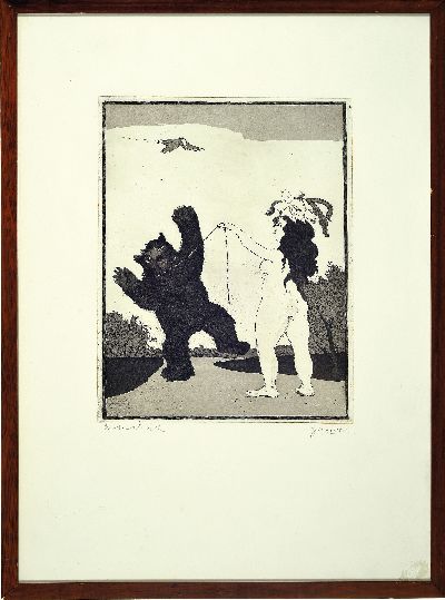 27126047k - Janosch, Horst Eckert, geb. 1931, Radierung, Frauenakt mit tanzendem Bär an der Kette, ...