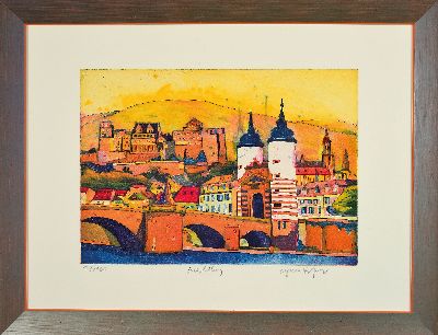 27126048k - Gerhard Hofmann, geb. 1960 Worms, ´Heidelberg´, Farbradierung mit Blick auf Altstadt mit ...