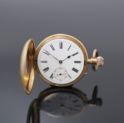 Image 14k yellow gold half-hunter pocket watch, Switzerland around 1900, engraved case dent, ...