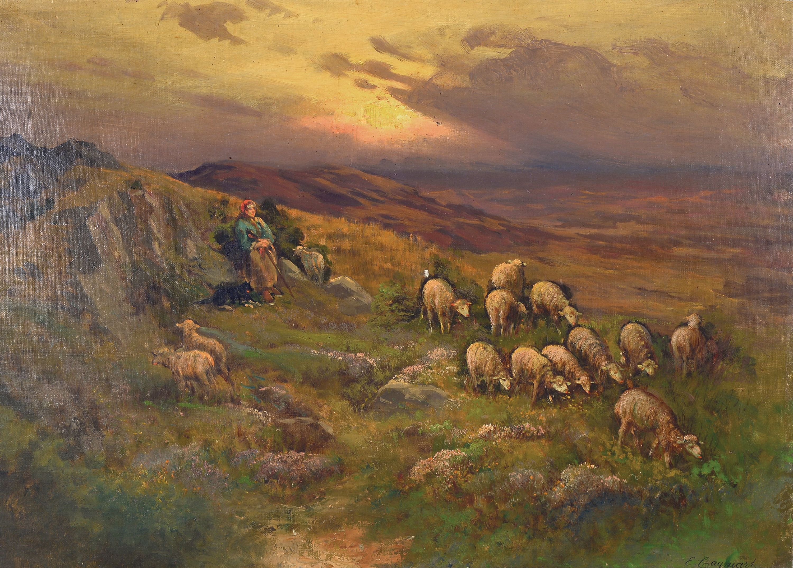 Image 27126259 - Emile Cagniart, 1851-1911, Schäferin mit ihrer Herde vor Landschaft im Sonnenuntergang, ...