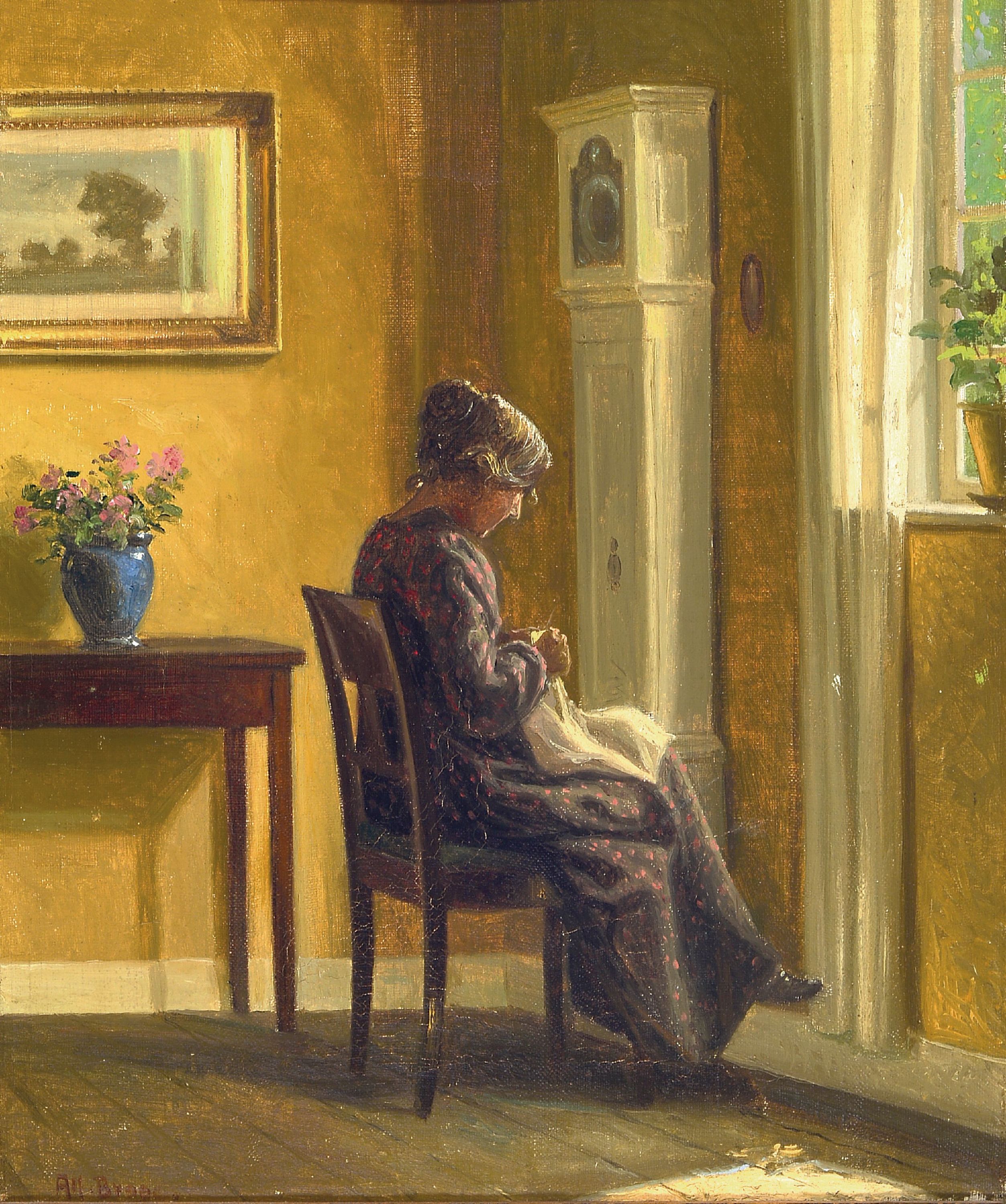 Image 27126268 - Alfred Broge, 1870-1955 Kopenhagen, Interieur mit stickender jungen Frau vor dem ...
