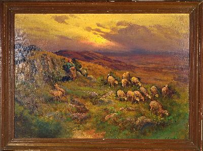 27126259k - Emile Cagniart, 1851-1911, Schäferin mit ihrer Herde vor Landschaft im Sonnenuntergang, ...