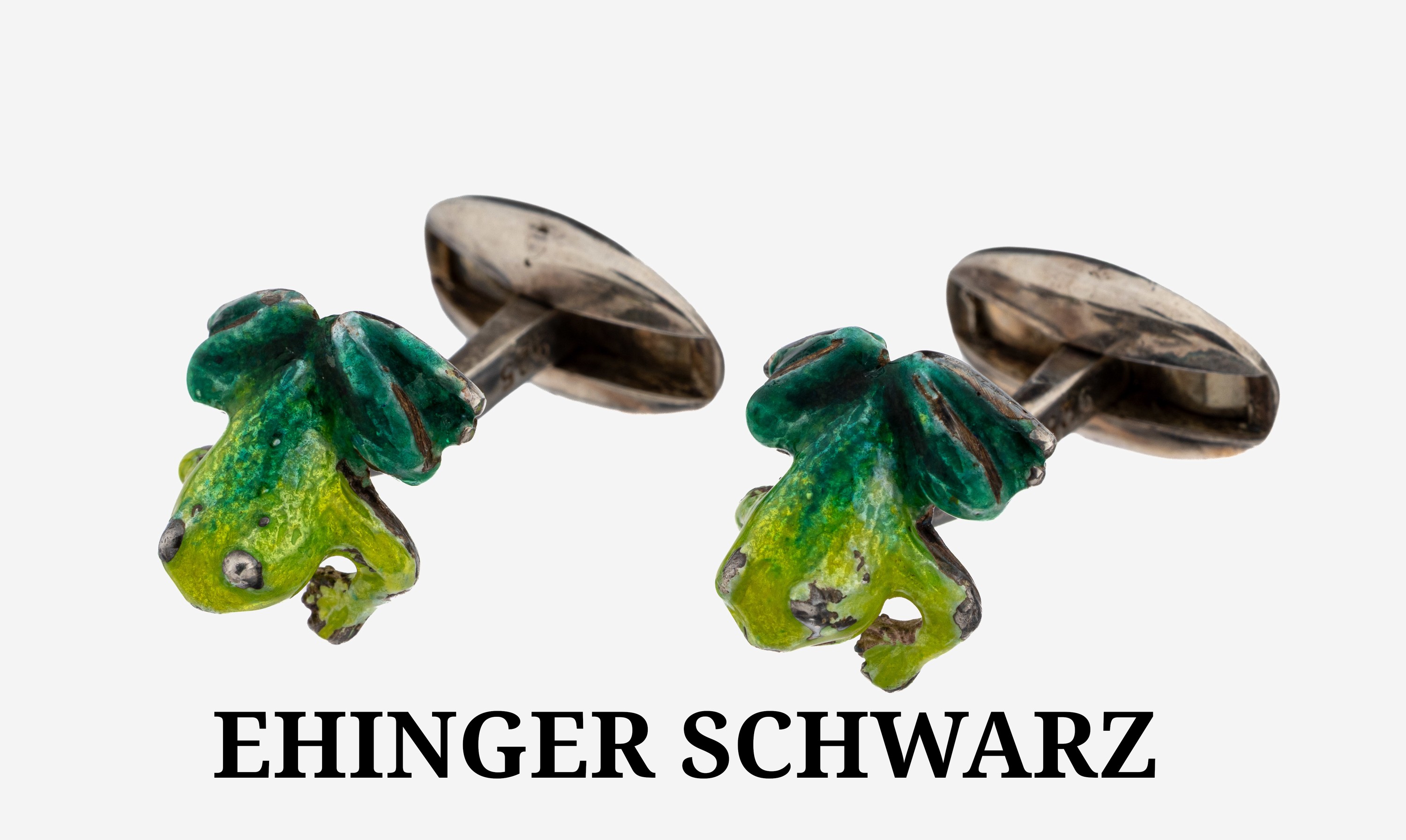 Paar EHINGER SCHWARZ Manschettenknöpfe, 925er Silber, Präsentation zweier Frösche, ca.9 x 11 mm, emailiert in versch. Grüntönen, besch., ca. ...