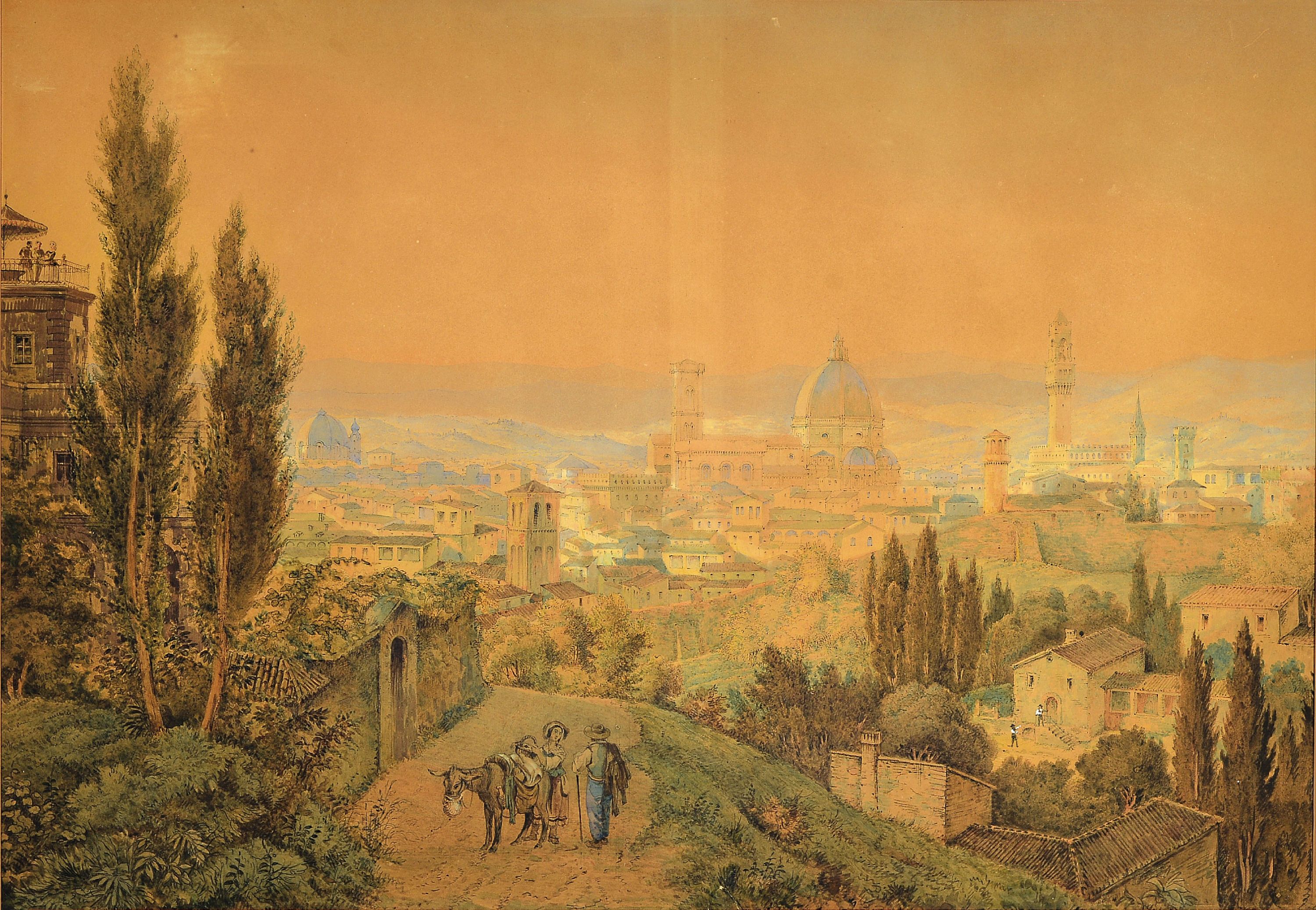 Image 27127012 - Zuschreibung: Jakob Alt, 1789 Frankfurt/M.-1872 Wien, Blick auf Florenz, Aquarell auf ...