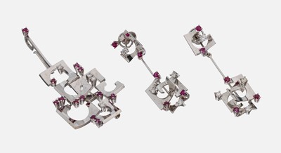 Image 18 kt Gold Rubin-Brillant-Schmuckset, WG 750/000, ausgefallenes abstraktes Design, ...