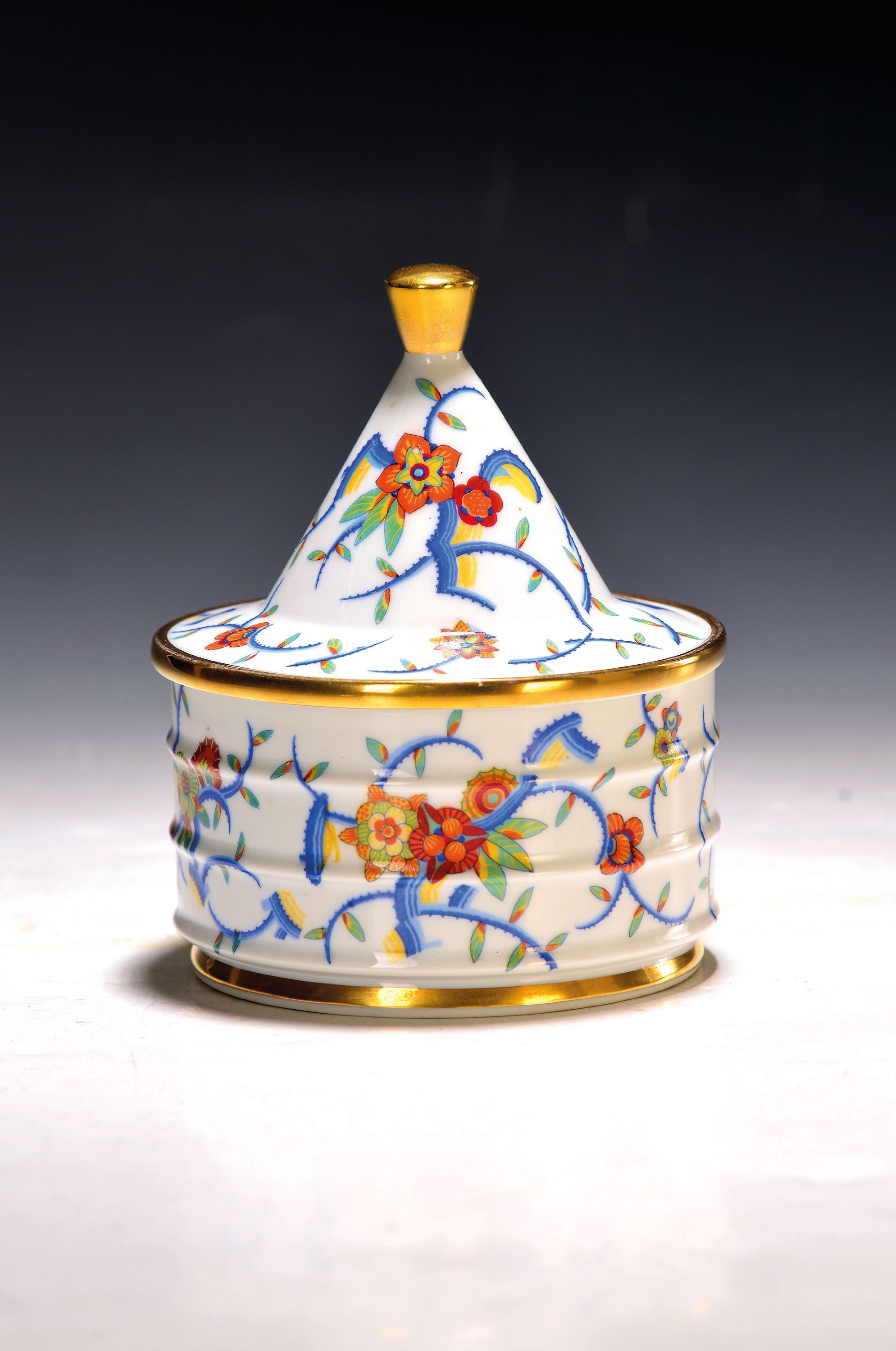 Image 27127459 - Deckeldose, deutsch, Thüringen, um 1930, Art-Deco, Porzellan, bunter stiltypischer ...