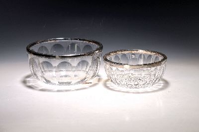 Image 2 bowls, crystal glass with silver rim, heavy colorless crystal glass with 830 or 835 ...
