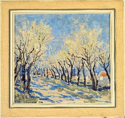 27127493k - Walther Klemm, 1883 Karlsbad-1957 Weimar, von blühenden Obstbäumen gesäumter Weg oder ...