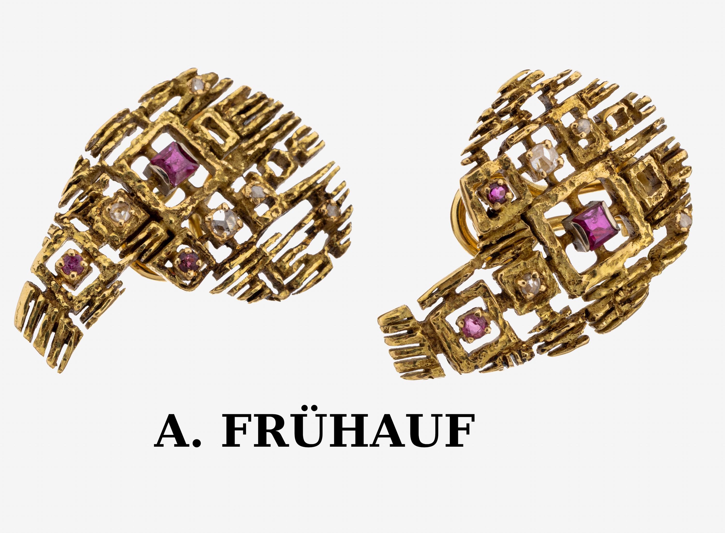 Image 27127636 - Paar 18 kt Gold Rubin-Diamant-Ohrstecker, GG 750/000, abstraktes Design, Oberfläche ...