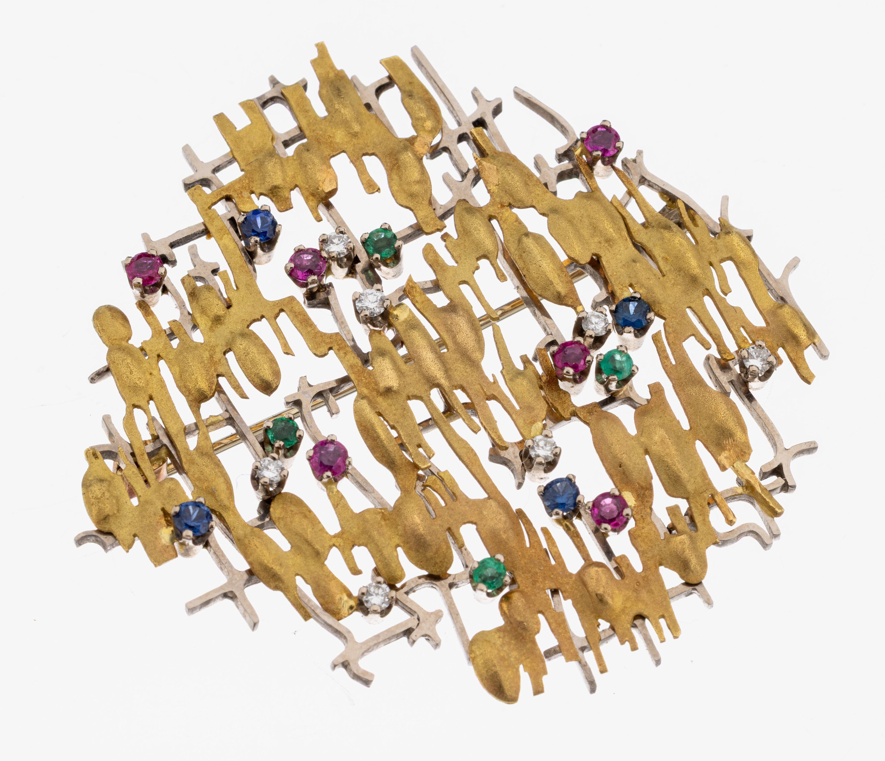 Image 27127637 - 18 kt Gold Farbstein-Brillant-Brosche, 1970er Jahre, GG/WG 750/000, aufwendige gute ...