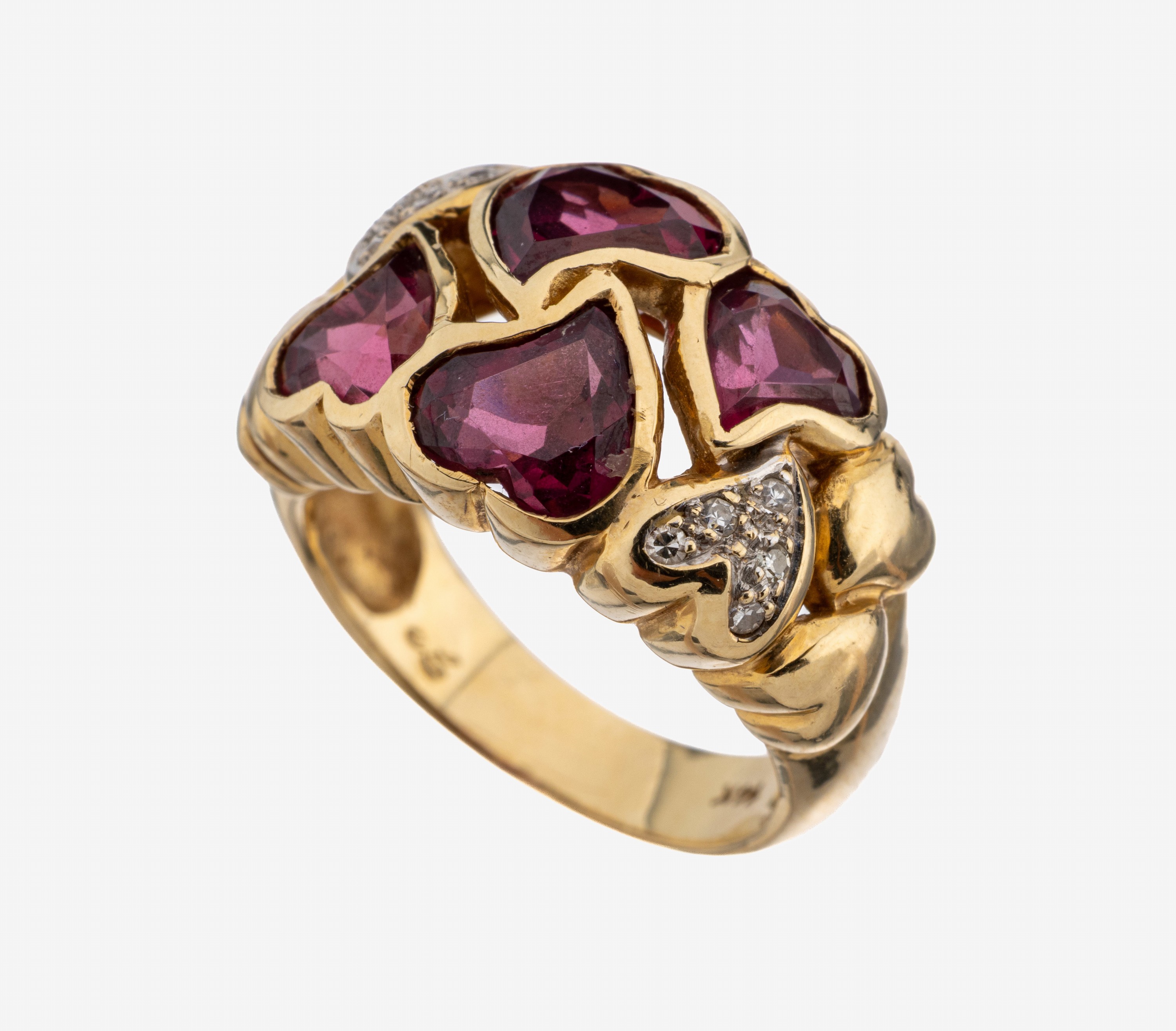 Image 27127644 - 14 kt Gold Granat-Diamant-Ring, GG 585/000,Ringkopf aus herzf. Elementen, 4 facett. ...
