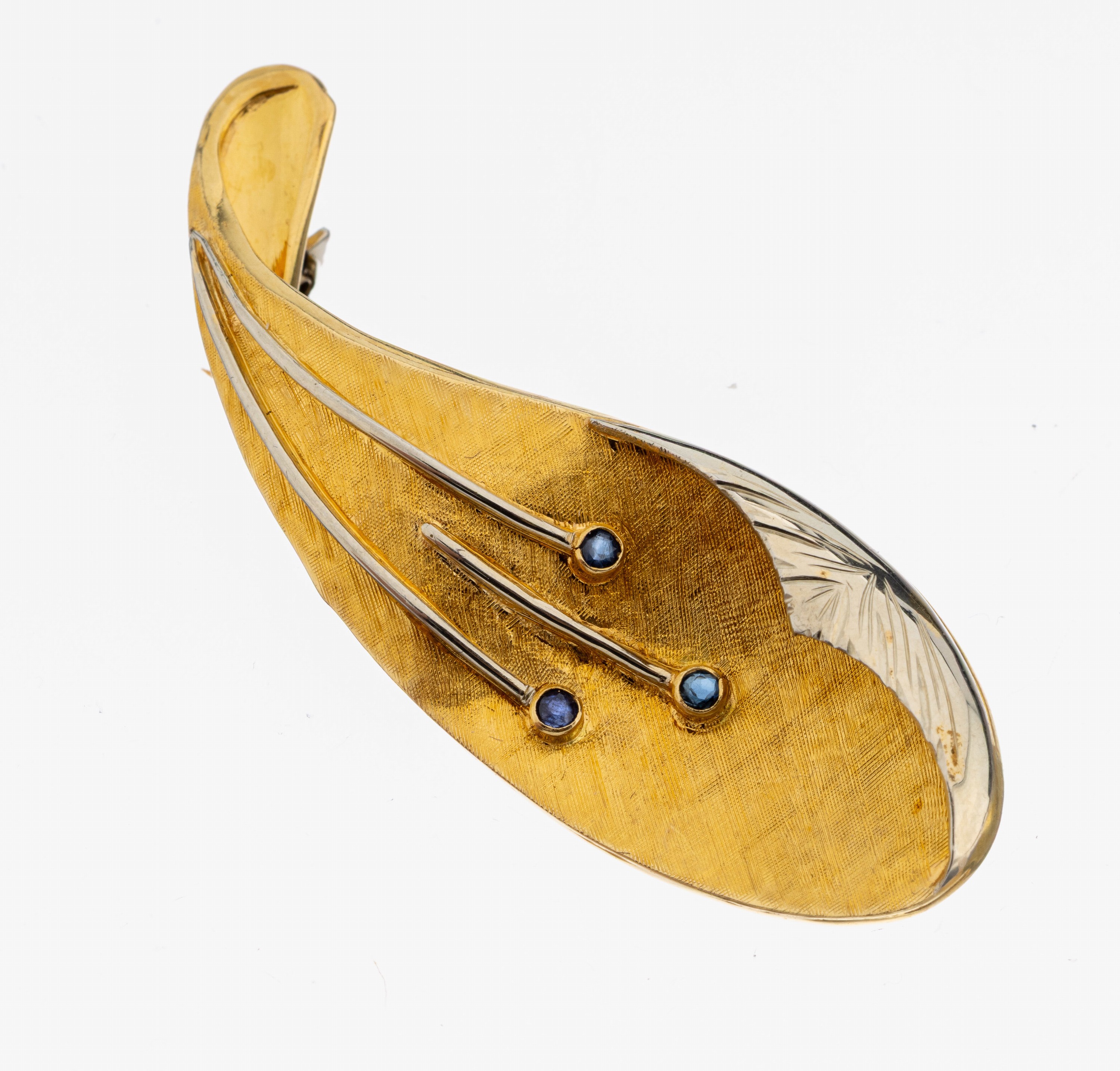 Image 27127655 - 18 kt Gold Saphir-Brosche, 1960er Jahre, GG/WG 750/000, part. sat., abstrakt florales ...