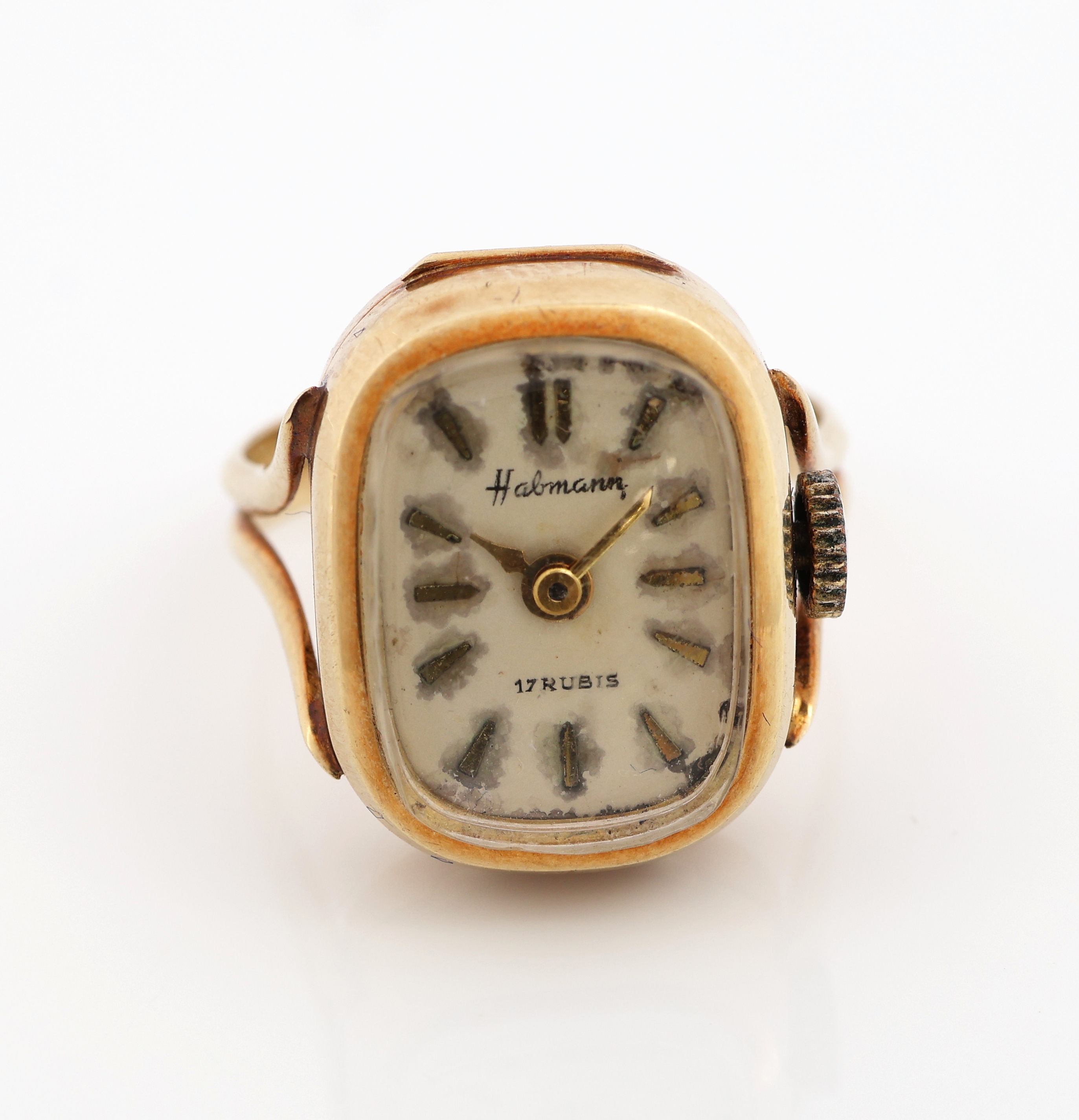 Detail a: 14 kt Gold Ringuhr, 1940er-50er Jahre, GG 585/000, weißes Ziffernblatt patiniert, Strichindizes, sign. Habmann, Handaufzugswerk,Fkt. ungepr., RW ...