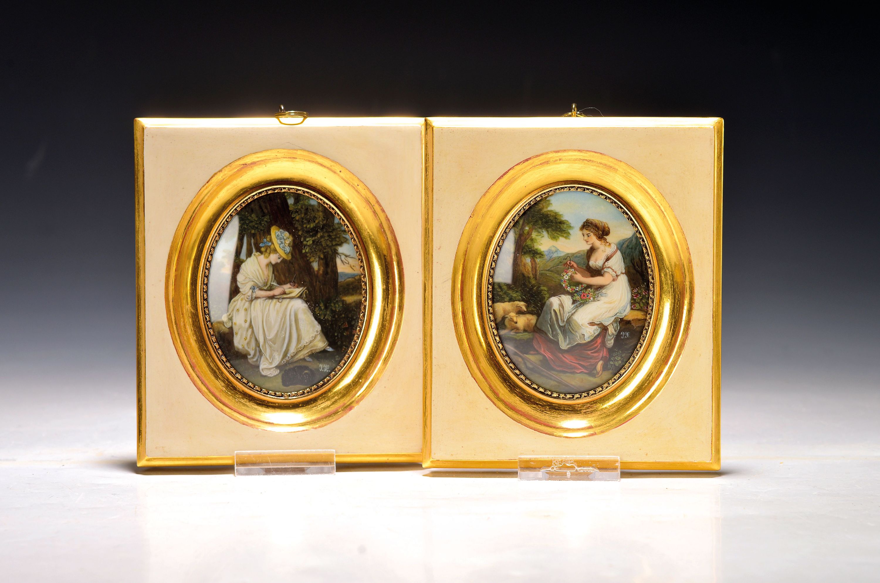 Image 27127697 - J. Hofmann, two miniature paintings, 20th century, on mammoth ivory plate, artist from ...
