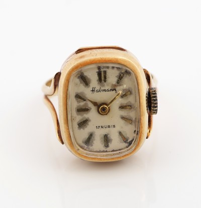 27127656a - 14 kt Gold Ringuhr, 1940er-50er Jahre, GG 585/000, weißes Ziffernblatt patiniert, ...