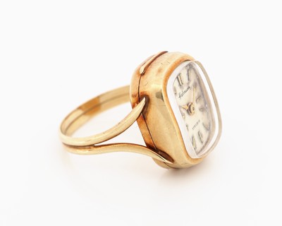 27127656b - 14 kt Gold Ringuhr, 1940er-50er Jahre, GG 585/000, weißes Ziffernblatt patiniert, ...