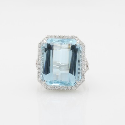 Image Ring mit Aquamarin, Diamanten und Brillanten, WG 750/000, Unterkaderung in verspieltem ...