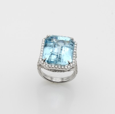 27127670b - Ring mit Aquamarin, Diamanten und Brillanten, WG 750/000, Unterkaderung in verspieltem ...