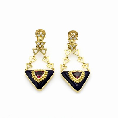 Image Lancetti Ohrclips mit Turmalinen, Lapislazuli und Brillanten, GG 750/000, dreieckige ...