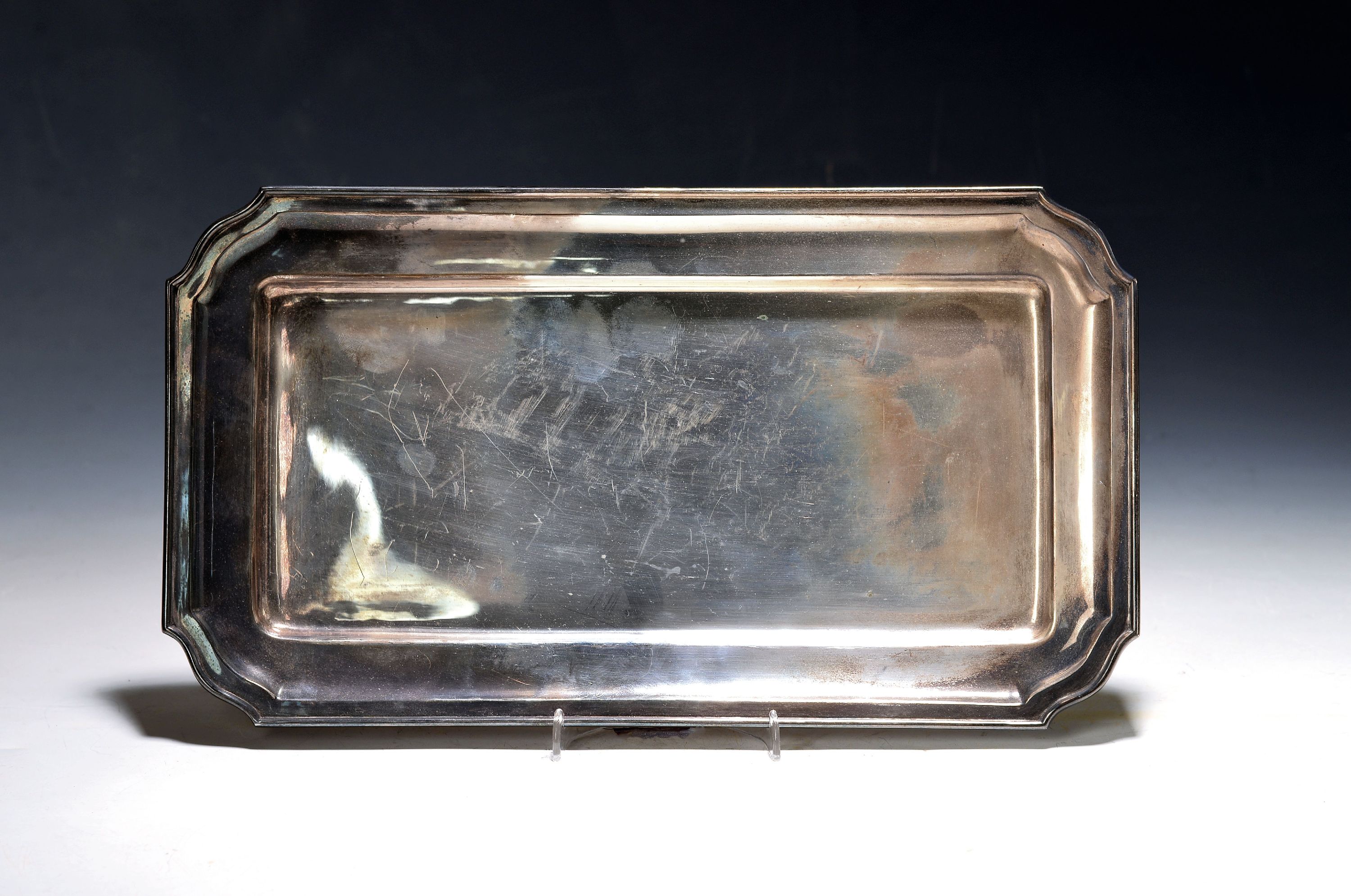 Image 27127700 - King cake plate, Jakob Grimminger, around 1900, 800 silver, rectangular tray in a classic ...