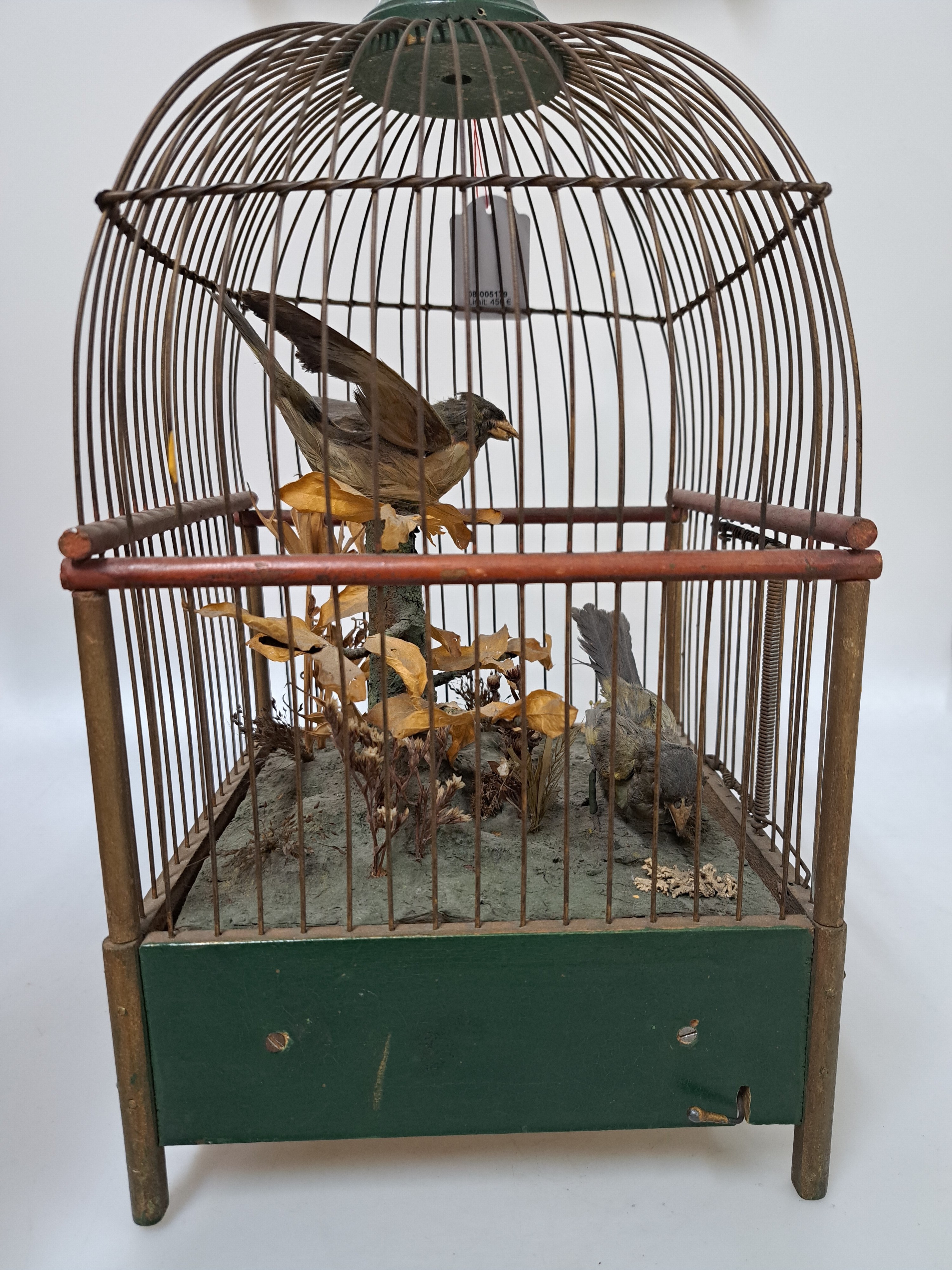 Detail a: Vogelkäfig mit Automat und Musikspielwerk/ Singvogelspieluhr, Frankreich um 1900, gedoppelter Holzboden, darin Musikspielwerk mit wechselnden zwei ...
