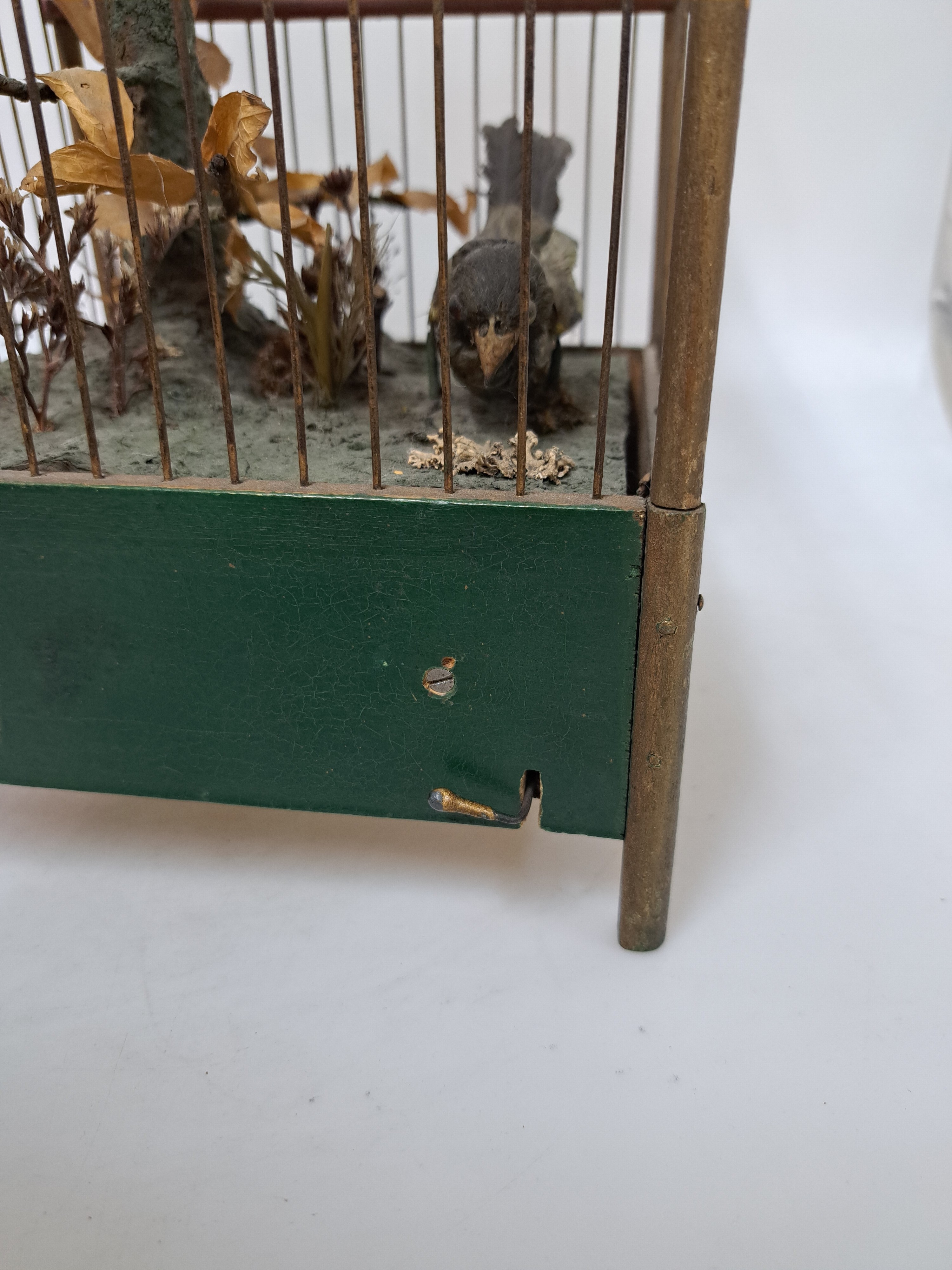 Detail f: Vogelkäfig mit Automat und Musikspielwerk/ Singvogelspieluhr, Frankreich um 1900, gedoppelter Holzboden, darin Musikspielwerk mit wechselnden zwei ...