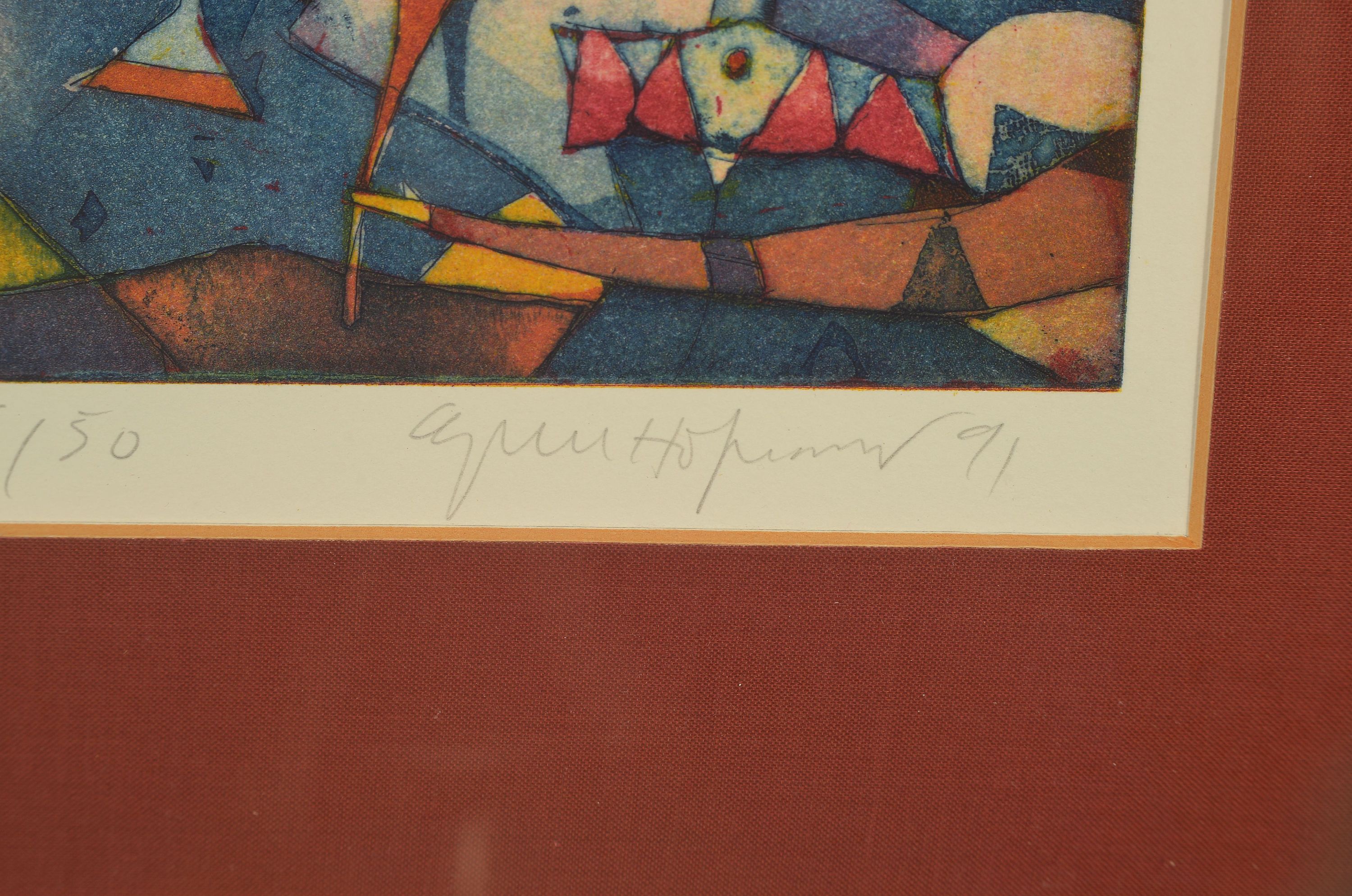 Detail a: Gerhard Hofmann, geb. 1960 Worms, Harlekin in stil. Landschaft, signiert, datiert 91, num. 26/50, unter Glas, Rahmen, 21x14.5 cm, komplett ca. 38 x ...