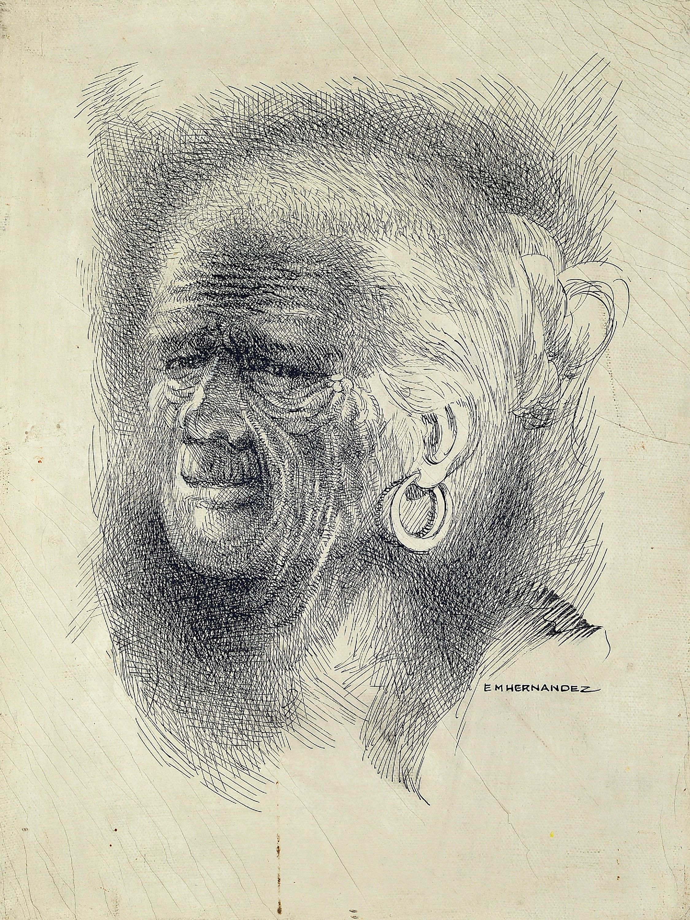 Detail a: Ernesto M. Hernadez, 1970/80er Jahre aktiv, Philippinen, zugeschrieben, Feder-Tusch- Porträts auf Leinwand, zwei alte Philippinos, auf Leinwand, ...